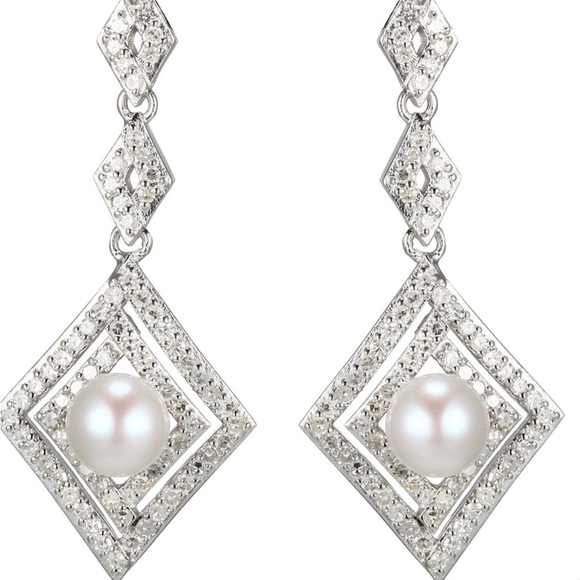Cultured Freshwater Pearl and Created White Sapphire DropEarrings in Sterling